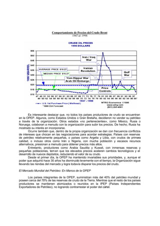 Comportamiento de Precios del Crudo Brent
                                      1947 al 1998




       Es interesante destacar que, no todos los países productores de crudo se encuentran
en la OPEP. Algunos, como Estados Unidos o Gran Bretaña, decidieron no vender su petróleo
a través de la organización. Otros estados «no pertenecientes», como México, Rusia o
Noruega, colaboran a menudo con la organización para subir los precios. De hecho, Rusia ha
mostrado su interés en incorporarse.
       Ocurre también que, dentro de la propia organización se dan con frecuencia conflictos
de intereses que chocan en las negociaciones para acordar estrategias. Países con reservas
de petróleo relativamente pequeñas, o países como Argelia y Libia, con crudos de primera
calidad, o incluso otros como Irán o Nigeria, con mucha población y escasos recursos
alternativos, presionan a menudo para obtener precios más altos.
       Entretanto, productores como Arabia Saudita y Kuwait, con inmensas reservas y
pequeñas poblaciones, tem en que los elevados precios aceleren cambios tecnológicos y el
desarrollo de nuevos depósitos, reduciendo el valor de su crudo.
       Desde el primer día, la OPEP ha mantenido invariables sus prioridades, y, aunque el
poder que adquirió hace 30 años ha disminuido levemente con el tiempo, la Organización sigue
llevando las riendas del mercado y logra todavía disparar los precios del crudo.

El Mercado Mundial del Petróleo: En Manos de la OPEP

      Los países integrantes de la OPEP, suministran más del 40% del petróleo mundial y
poseen cerca del 78% de las reservas de crudo de la Tierra. Mientras que el resto de los países
productores se mantienen atomizados o reunidos en la IPEP (Países Independientes
Exportadores de Petróleo), no logrando contrarrestar el poder del cártel.
 