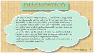Introduzca su logotipo o su
nombre aquí
3
Luis de doce años de edad no asimila la separación de sus padres y
no ha solucionado que los padres se llevan bien, que tenga una
buena relación, buena comunicación, por medio de ellos Luis es el
más afectado, lo hace notar el mal comportamiento en la escuela,
las calificaciones académicas han disminuido, no tiene animo de
participar en los eventos académicos.
La señora María en la actualidad tiene más responsabilidad al
cuidado y protección de Luis, tiene un trabajo definido lo cual
afectar a futuro en los gastos de primera necesidad.
La obtención de información que posibilita un conocimiento de la
realidad la que está viviendo Luis.
 