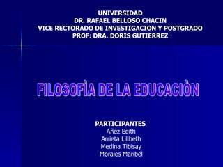 UNIVERSIDAD DR. RAFAEL BELLOSO CHACIN VICE RECTORADO DE INVESTIGACION Y POSTGRADO PROF: DRA. DORIS GUTIERREZ FILOSOFÌA DE LA EDUCACIÒN PARTICIPANTES   Añez Edith Arrieta Lilibeth Medina Tibisay Morales Maribel 