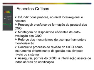 Aspectos Críticos Difundir boas práticas, ao nível local/regional e nacional Prosseguir o esforço de formação do pessoal dos CNO Montagem de dispositivos eficientes de auto-avaliação dos CNO Reforço dos mecanismos de acompanhamento e monitorização Concluir o processo de revisão do SIGO como instrumento determinante de gestão aos diversos níveis do sistema Assegurar, por via do SIGO, a informação acerca de todas as vias de certificação 