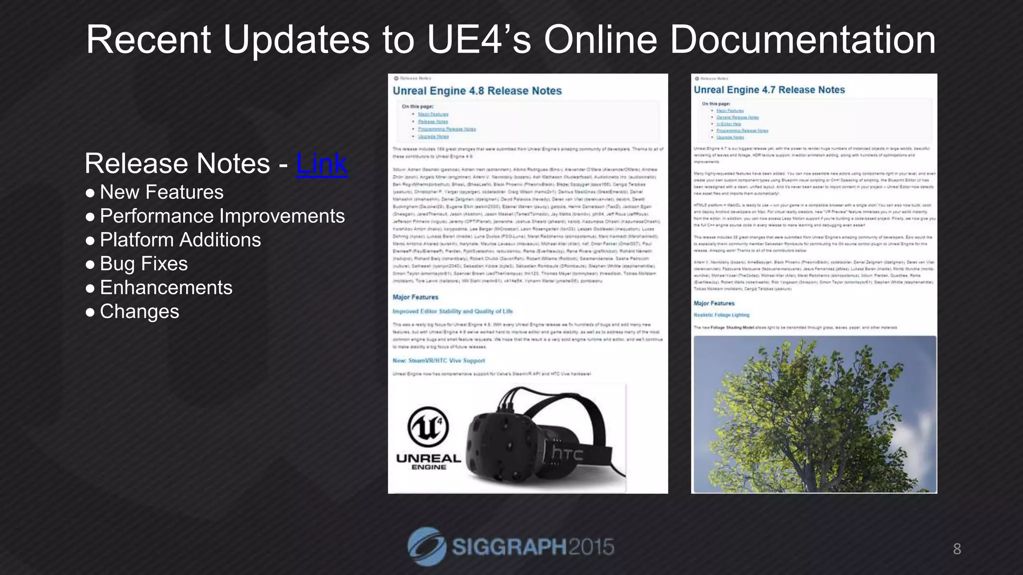 Recent Updates to UE4’s Online Documentation
Release Notes - Link
● New Features
● Performance Improvements
● Platform Additions
● Bug Fixes
● Enhancements
● Changes
8
 