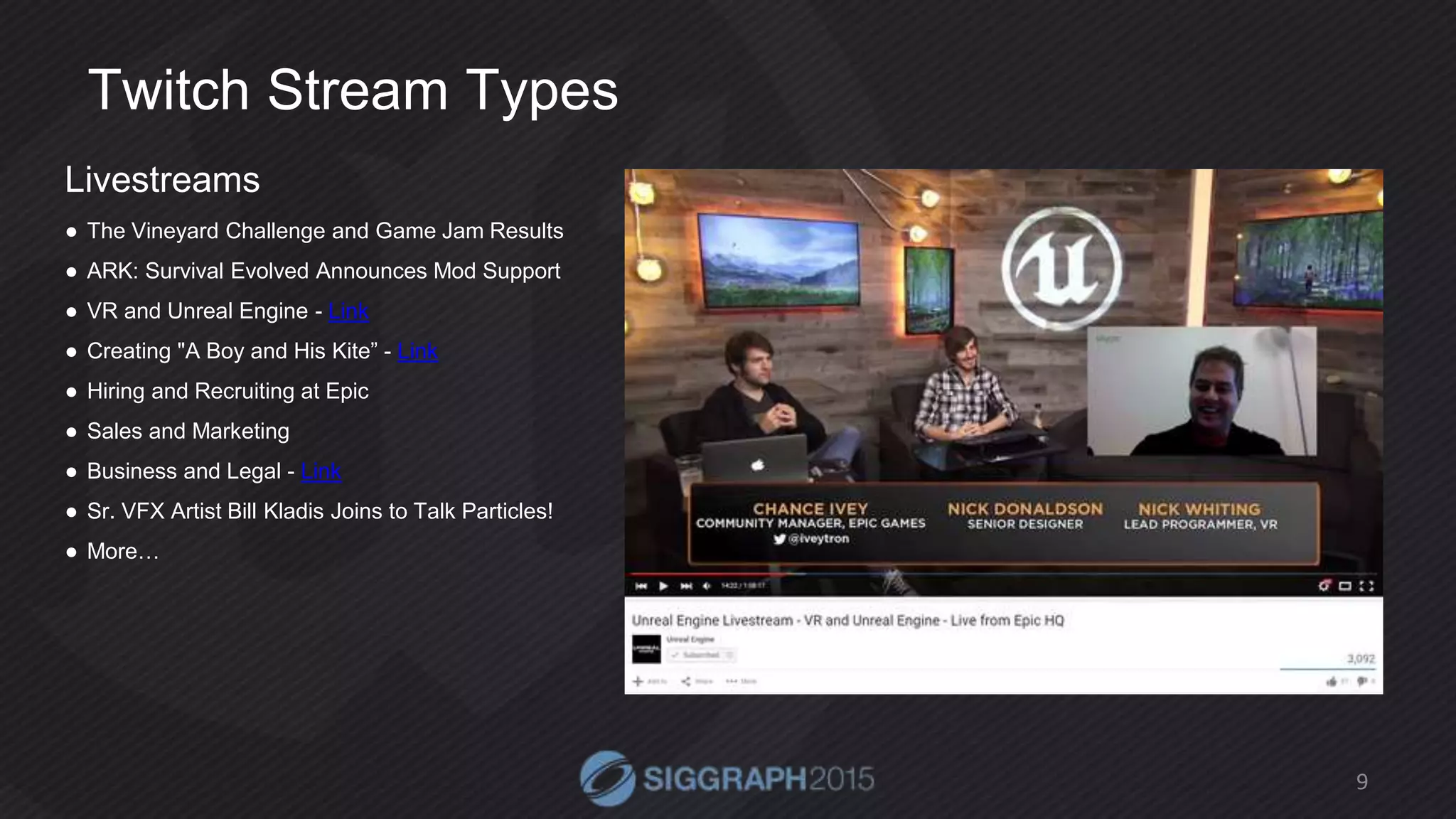 Twitch Stream Types
Livestreams
● The Vineyard Challenge and Game Jam Results
● ARK: Survival Evolved Announces Mod Support
● VR and Unreal Engine - Link
● Creating "A Boy and His Kite” - Link
● Hiring and Recruiting at Epic
● Sales and Marketing
● Business and Legal - Link
● Sr. VFX Artist Bill Kladis Joins to Talk Particles!
● More…
9
 
