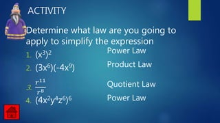 ACTIVITY
Determine what law are you going to
apply to simplify the expression
1. (x3)2
2. (3x6)(-4x9)
3.
𝑟11
𝑟8
4. (4x2y4z6)6
Power Law
Product Law
Quotient Law
Power Law
 