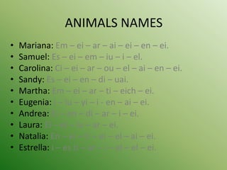 ANIMALS NAMES
•   Mariana: Em – ei – ar – ai – ei – en – ei.
•   Samuel: Es – ei – em – iu – i – el.
•   Carolina: Ci – ei – ar – ou – el – ai – en – ei.
•   Sandy: Es – ei – en – di – uai.
•   Martha: Em – ei – ar – ti – eich – ei.
•   Eugenia: i – iu – yi – i - en – ai – ei.
•   Andrea: Ei – en – di – ar – i – ei.
•   Laura: El – ei – iu – ar – ei.
•   Natalia: En – ei – ti – ei – el – ai – ei.
•   Estrella: i – es ti – ar – i – el – el – ei.
 