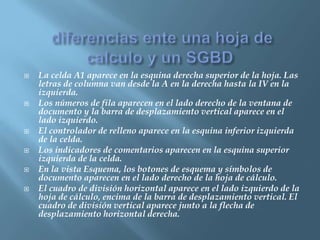    La celda A1 aparece en la esquina derecha superior de la hoja. Las
    letras de columna van desde la A en la derecha hasta la IV en la
    izquierda.
   Los números de fila aparecen en el lado derecho de la ventana de
    documento y la barra de desplazamiento vertical aparece en el
    lado izquierdo.
   El controlador de relleno aparece en la esquina inferior izquierda
    de la celda.
   Los indicadores de comentarios aparecen en la esquina superior
    izquierda de la celda.
   En la vista Esquema, los botones de esquema y símbolos de
    documento aparecen en el lado derecho de la hoja de cálculo.
   El cuadro de división horizontal aparece en el lado izquierdo de la
    hoja de cálculo, encima de la barra de desplazamiento vertical. El
    cuadro de división vertical aparece junto a la flecha de
    desplazamiento horizontal derecha.
 