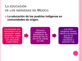 LA EDUCACIÓN
DE LOS INDÍGENAS EN


MÉXICO

La educación de los pueblos indígenas en
comunidades de origen.

Los docentes son
contratados con la
educación media
concluida, y hasta
hace unos años,
con educación
media básica

Ahora es
obligatoria la
licenciatura, sin
embargo hoy en
día no se cuenta
con ello.

Los niños
indígenas asisten
menos a la escuela
que los no
indígenas,
reprueban y
desertan más

 