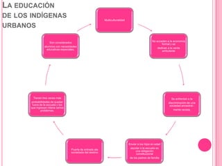 LA EDUCACIÓN
DE LOS INDÍGENAS
URBANOS

Multiculturalidad

Son considerados
alumnos con necesidades
educativas especiales.

No acceden a la economía
formal y se
dedican a la venta
ambulante

Tienen tres veces más
probabilidades de quedar
fuera de la escuela y los
que ingresan ntiene serios
problemas.

Se enfrentan a la
discriminación de una
sociedad ancestral mente racista,

Puerta de entrada ala
sociedada del destino

Enviar a los hijos en edad
escolar a la escuela es
una obligación
constitucional
de los padres de familia

 