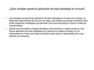 ¿Qué ventajas aporta la aplicación de esta estrategia en el aula? Las ventajas que aporta la aplicación de esta estrategia en el aula son muchas, va depender seguramente del uso que se haga y del manejo que tenga el profesor para poder diagramar estrategias que permitan a los alumnos adquirir nuevos niveles de conocimientos. Siendo sus principales ventajas disciplina, entrenamiento y mejora continua. Una buena aplicación de esta estrategia en el aula es sin dudas el romper con el individualismo y hacer que todos se sientan parte activa y responsable de lo que realizan y/o producen. 