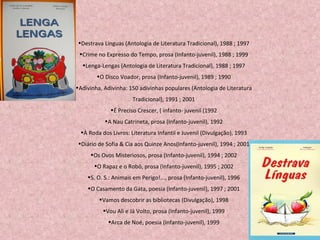 Destrava Línguas (Antologia de Literatura Tradicional), 1988 ; 1997 Crime no Expresso do Tempo, prosa (Infanto-juvenil), 1988 ; 1999 Lenga-Lengas (Antologia de Literatura Tradicional), 1988 ; 1997 O Disco Voador, prosa (Infanto-juvenil), 1989 ; 1990 Adivinha, Adivinha: 150 adivinhas populares (Antologia de Literatura Tradicional), 1991 ; 2001 É Preciso Crescer, ( infanto- juvenil (1992 A Nau Catrineta, prosa (Infanto-juvenil), 1992 À Roda dos Livros: Literatura Infantil e Juvenil (Divulgação), 1993 Diário de Sofia & Cia aos Quinze Anos(Infanto-juvenil), 1994 ; 2001 Os Ovos Misteriosos, prosa (Infanto-juvenil), 1994 ; 2002 O Rapaz e o Robô, prosa (Infanto-juvenil), 1995 ; 2002 S. O. S.: Animais em Perigo!..., prosa (Infanto-juvenil), 1996 O Casamento da Gata, poesia (Infanto-juvenil), 1997 ; 2001 Vamos descobrir as bibliotecas (Divulgação), 1998 Vou Ali e Já Volto, prosa (Infanto-juvenil), 1999 Arca de Noé, poesia (Infanto-juvenil), 1999 