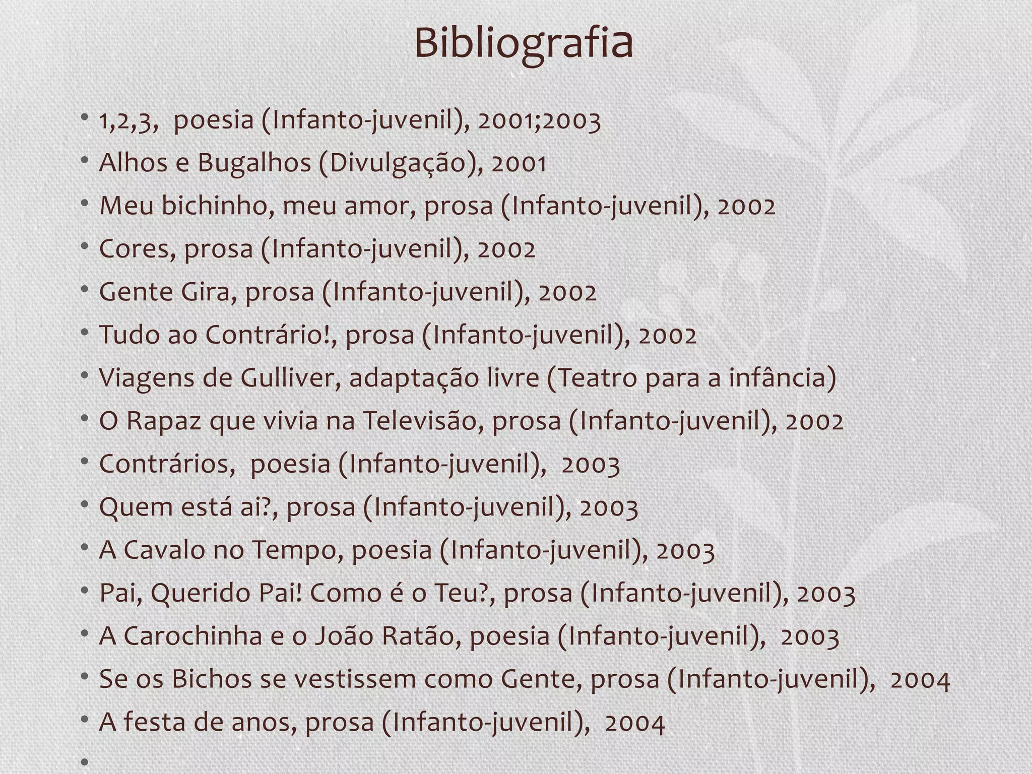 Bibliografia
•   1,2,3, poesia (Infanto-juvenil), 2001;2003
•   Alhos e Bugalhos (Divulgação), 2001
•   Meu bichinho, meu amor, prosa (Infanto-juvenil), 2002
•   Cores, prosa (Infanto-juvenil), 2002
•   Gente Gira, prosa (Infanto-juvenil), 2002
•   Tudo ao Contrário!, prosa (Infanto-juvenil), 2002
•   Viagens de Gulliver, adaptação livre (Teatro para a infância)
•   O Rapaz que vivia na Televisão, prosa (Infanto-juvenil), 2002
•   Contrários, poesia (Infanto-juvenil), 2003
• Quem está ai?, prosa (Infanto-juvenil), 2003
• A Cavalo no Tempo, poesia (Infanto-juvenil), 2003
• Pai, Querido Pai! Como é o Teu?, prosa (Infanto-juvenil), 2003
• A Carochinha e o João Ratão, poesia (Infanto-juvenil), 2003
• Se os Bichos se vestissem como Gente, prosa (Infanto-juvenil), 2004
• A festa de anos, prosa (Infanto-juvenil), 2004
•
 