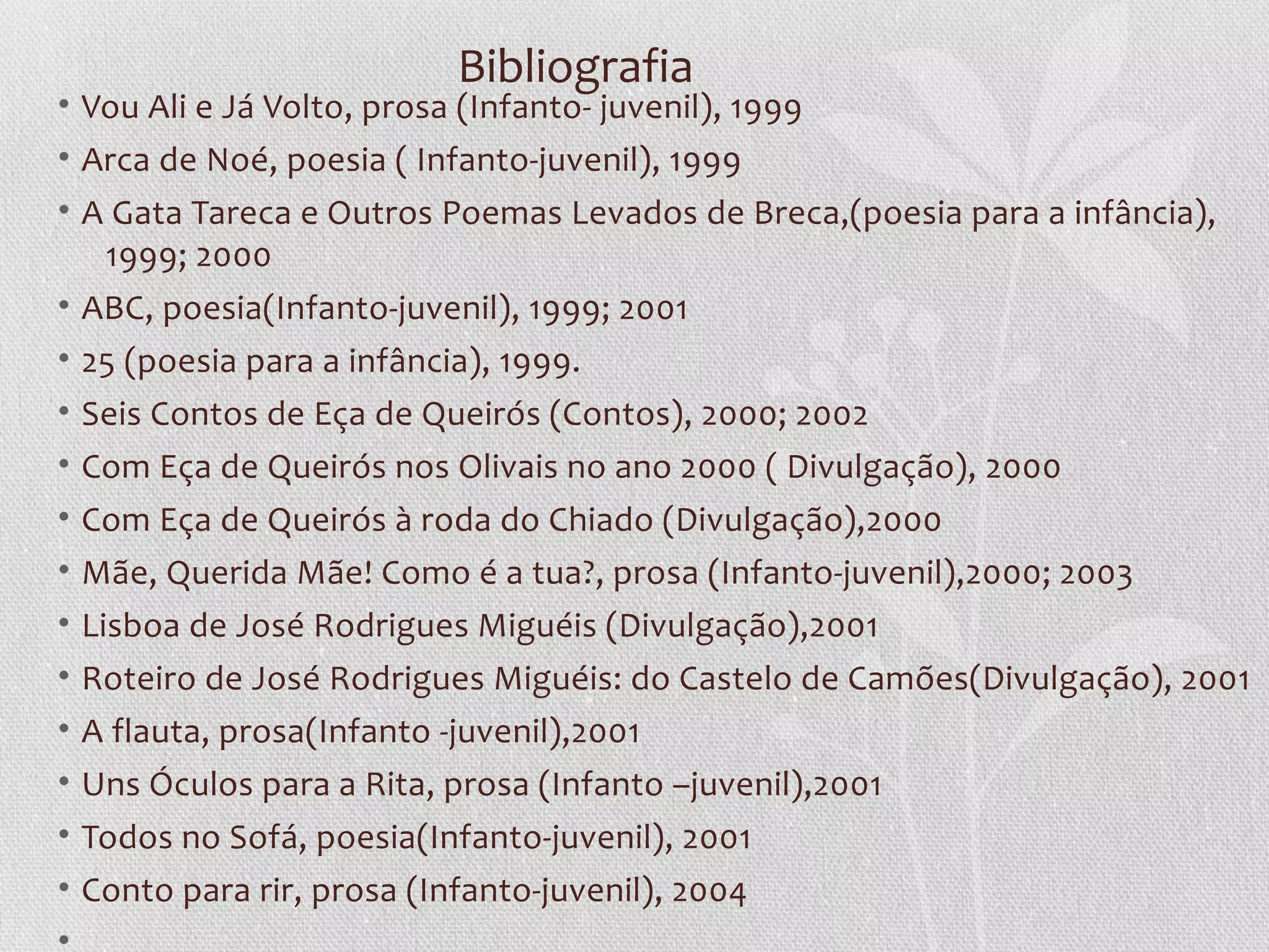 Bibliografia
• Vou Ali e Já Volto, prosa (Infanto- juvenil), 1999
• Arca de Noé, poesia ( Infanto-juvenil), 1999
• A Gata Tareca e Outros Poemas Levados de Breca,(poesia para a infância),
   1999; 2000
• ABC, poesia(Infanto-juvenil), 1999; 2001
• 25 (poesia para a infância), 1999.
• Seis Contos de Eça de Queirós (Contos), 2000; 2002
• Com Eça de Queirós nos Olivais no ano 2000 ( Divulgação), 2000
• Com Eça de Queirós à roda do Chiado (Divulgação),2000
• Mãe, Querida Mãe! Como é a tua?, prosa (Infanto-juvenil),2000; 2003
•   Lisboa de José Rodrigues Miguéis (Divulgação),2001
•   Roteiro de José Rodrigues Miguéis: do Castelo de Camões(Divulgação), 2001
•   A flauta, prosa(Infanto -juvenil),2001
•   Uns Óculos para a Rita, prosa (Infanto –juvenil),2001
• Todos no Sofá, poesia(Infanto-juvenil), 2001
• Conto para rir, prosa (Infanto-juvenil), 2004
•
 