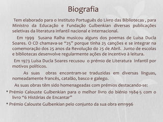Biografia
    Tem elaborado para o Instituto Português do Livro das Bibliotecas , para
   Ministro da Educação e Fundação Gulbenkian diversas publicações
   seletivas da literatura infantil nacional e internacional.
      Em 1999 Susana Ralha musicou alguns dos poemas de Luísa Ducla
   Soares. O CD chamava-se “25” porque tinha 25 canções e se integrar na
   comemoração dos 25 anos da Revolução do 25 de Abril. Junto de escolas
   e bibliotecas desenvolve regularmente ações de incentivo à leitura.
    Em 1973 Luísa Ducla Soares recusou o prémio de Literatura Infantil por
   motivos políticos.
          As suas obras encontram-se traduzidas em diversas línguas,
   nomeadamente francês, catalão, basco e galego.
     As suas obras têm sido homenageadas com prémios destacando-se:
§ Prémio Calouste Gulbenkian para o melhor livro do biénio 1984-5 com o
   livro “6 Histórias de Encantar”
§ Prémio Calouste Gulbenkian pelo conjunto da sua obra em1996
 