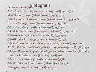 • Contrato (poesia)1970Bibliografia
• A História da Papoila, prosa ( Infanto–juvenil),1972; 1977
• Maria Papoila, prosa (Infanto–juvenil),1973; 1977
• O Dr. Lauro e o dinossauro, prosa (Infanto–juvenil), 1973; 1988
• Urso e a Formiga, prosa ( Infanto-juvenil), 1973; 2002
• O Soldado João, prosa (Infanto-juvenil), 1973; 2002
• O Ratinho Marinheiro, (Poesia para a Infância), 1973; 2001
• O Gato e o Rato, prosa (Infanto-juvenil), 1973; 1977
•   Oito Histórias Infantis, prosa (Infanto-juvenil), 1975
•   O Meio Galo e Outras Histórias, prosa (Infanto–juvenil), 1976; 2001
•   AEIOU, História das Cinco Vogais ,(prosa) (Infanto–juvenil),1980; 1999
• O Rapaz Magro e a Rapariga Gorda, prosa (Infanto-juvenil), 1980; 1984
• Histórias de Bichos, prosa (Infanto-juvenil), 1981
• O Menino e a Nuvem, prosa (Infanto-juvenil),1981
• Três Histórias do Futuro, prosa (Infanto-juvenil), 1982
• O Dragão, prosa( Infanto-juvenil), 1982; 2002
 
