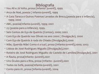 Bibliografia
• Vou Ali e Já Volto, prosa (Infanto- juvenil), 1999
• Arca de Noé, poesia ( Infanto-juvenil), 1999
• A Gata Tareca e Outros Poemas Levados de Breca,(poesia para a infância),
   1999; 2000
• ABC, poesia(Infanto-juvenil), 1999; 2001
• 25 (poesia para a infância), 1999.
• Seis Contos de Eça de Queirós (Contos), 2000; 2002
• Com Eça de Queirós nos Olivais no ano 2000 ( Divulgação), 2000
• Com Eça de Queirós à roda do Chiado (Divulgação),2000
• Mãe, Querida Mãe! Como é a tua?, prosa (Infanto-juvenil),2000; 2003
•   Lisboa de José Rodrigues Miguéis (Divulgação),2001
•   Roteiro de José Rodrigues Miguéis: do Castelo de Camões(Divulgação), 2001
•   A flauta, prosa(Infanto -juvenil),2001
•   Uns Óculos para a Rita, prosa (Infanto –juvenil),2001
• Todos no Sofá, poesia(Infanto-juvenil), 2001
• Conto para rir, prosa (Infanto-juvenil), 2004
•
 