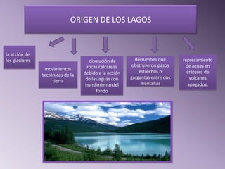 ORIGEN DE LOS LAGOS


la acción de
los glaciares                         disolución de       derrumbes que       represamiento
                                     rocas calcáreas     obstruyeron pasos     de aguas en
                 movimientos                                estrechos o
                                   debido a la acción                           cráteres de
                tectónicos de la                        gargantas entre dos
                                    de las aguas con                             volcanes
                     tierra                                  montañas
                                    hundimiento del                             apagados.
                                         fondo
 