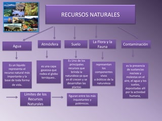 RECURSOS NATURALES



                                                             La Flora y la
      Agua              Atmósfera            Suelo                               Contaminación
                                                                Fauna


                                           Es Uno de los
   Es un liquido                            principales         representan       es la presencia
                        es una capa
   representa el                           recursos que              los           de sustancias
                        gaseosa que
recurso natural más                          brinda la         componentes           nocivas y
                       rodea el globo
  importante y la                        naturaleza ya que         vivos          molestas en el
                         terráqueo..
base de toda forma                       en él crecen y se    o bióticos de la   aire, el agua y los
      de vida.                            desarrollan las        naturaleza            suelos,
                                              plantas                             depositadas allí
                                                                                  por la actividad
              Límites de los               figuran entre los más                     humana,
                Recursos                       inquietantes y
                Naturales                        polémicos.
 