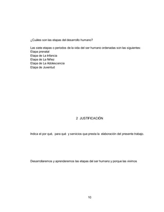 10
¿Cuáles son las etapas del desarrollo humano?
Las siete etapas o periodos de la vida del ser humano ordenadas son las siguientes:
Etapa prenatal
Etapa de La Infancia
Etapa de La Niñez
Etapa de La Adolescencia
Etapa de Juventud
2 JUSTIFICACIÓN
Indica el por qué, para qué y servicios que presta la elaboración del presente trabajo.
Desarrollaremos y aprenderemos las etapas del ser humano y porque las vivimos
 