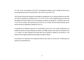 CONTENIDO
            El 11,8% de los consumidores de las E.S.P. de Manizales consideran que la Calidad del Servicio que
            estas empresas les provee es regular (9,2%), malo (1,5%) o muy malo (1,1%).


            UNE Telecomunicaciones presenta los porcentajes de insatisfacción con la Calidad del Servicio más altos
            con 23,8% de clientes que la califican como 1,2 o 3 (1,8%, 3,7% y 18,3% respectivamente), mientras que
            Gas Natural del Centro ninguno de los consumidores la califican por debajo de 3, calificación que le dan
            el 3,7% de los clientes, esto quiere decir que 97,3% de los usuarios de esta empresa piensan que el
            servicio ofrecido es satisfactorio (calificación de 4 o 5).


            El promedio de la calificación dada por los consumidores de las E.S.P. de la ciudad de Manizales a la
            calidad del servicio que estas empresas les prestan es de 4,52, teniendo como base una evaluación entre
            1 y 5, siendo 5 la mejor valoración. Esto quiere decir que en general la calidad de los servicios es muy
            buena pero tiene algunas deficiencias percibidas por algunos clientes.


            El promedio de la calificación de la Calidad del Servicio para cada una de las E.S.P. de Manizales por
            parte de sus consumidores es:




                                                                    133
 