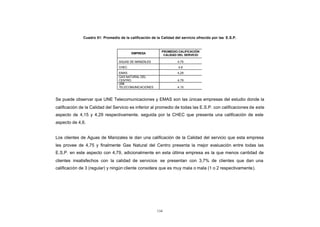 CONTENIDO                 Cuadro 51: Promedio de la calificación de la Calidad del servicio ofrecido por las E.S.P.


                                                                       PROMEDIO CALIFICACIÓN
                                                      EMPRESA
                                                                        CALIDAD DEL SERVICIO

                                              AGUAS DE MANIZALES                4,75
                                              CHEC                               4,6
                                              EMAS                              4,29
                                              GAS NATURAL DEL
                                              CENTRO                            4,79
                                              UNE
                                              TELECOMUNICACIONES                4,15



            Se puede observar que UNE Telecomunicaciones y EMAS son las únicas empresas del estudio donde la
            calificación de la Calidad del Servicio es inferior al promedio de todas las E.S.P. con calificaciones de este
            aspecto de 4,15 y 4,29 respectivamente, seguida por la CHEC que presenta una calificación de este
            aspecto de 4,6.


            Los clientes de Aguas de Manizales le dan una calificación de la Calidad del servicio que esta empresa
            les provee de 4,75 y finalmente Gas Natural del Centro presenta la mejor evaluación entre todas las
            E.S.P. en este aspecto con 4,79, adicionalmente en esta última empresa es la que menos cantidad de
            clientes insatisfechos con la calidad de servicios se presentan con 3,7% de clientes que dan una
            calificación de 3 (regular) y ningún cliente considera que es muy mala o mala (1 o 2 respectivamente).




                                                                    134
 