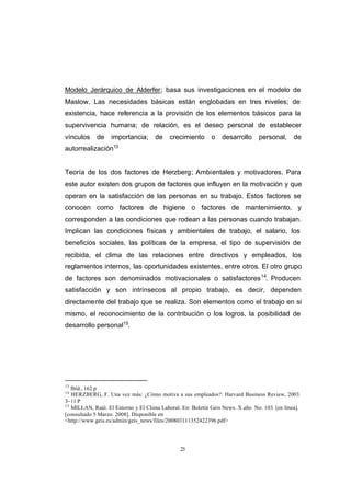 CONTENIDO



            Modelo Jerárquico de Alderfer; basa sus investigaciones en el modelo de
            Maslow. Las necesidades básicas están englobadas en tres niveles; de
            existencia, hace referencia a la provisión de los elementos básicos para la
            supervivencia humana; de relación, es el deseo personal de establecer
            vínculos     de    importancia;      de    crecimiento      o   desarrollo     personal,      de
                               13
            autorrealización


            Teoría de los dos factores de Herzberg; Ambientales y motivadores. Para
            este autor existen dos grupos de factores que influyen en la motivación y que
            operan en la satisfacción de las personas en su trabajo. Estos factores se
            conocen como factores de higiene o factores de mantenimiento, y
            corresponden a las condiciones que rodean a las personas cuando trabajan.
            Implican las condiciones físicas y ambientales de trabajo, el salario, los
            beneficios sociales, las políticas de la empresa, el tipo de supervisión de
            recibida, el clima de las relaciones entre directivos y empleados, los
            reglamentos internos, las oportunidades existentes, entre otros. El otro grupo
            de factores son denominados motivacionales o satisfactores 14. Producen
            satisfacción y son intrínsecos al propio trabajo, es decir, dependen
            directamente del trabajo que se realiza. Son elementos como el trabajo en si
            mismo, el reconocimiento de la contribución o los logros, la posibilidad de
            desarrollo personal15.




            13
               Ibíd., 162 p
            14
               HERZBERG, F. Una vez más: ¿Cómo motiva a sus empleados?: Harvard Business Review, 2003.
            3–11 P
            15
               MILLAN, Raúl. El Entorno y El Clima Laboral. En: Boletín Geis News. X año No. 103. [en línea].
            [consultado 5 Marzo. 2008]. Disponible en
            <http://www.geis.es/admin/geis_news/files/200803111352422396.pdf>




                                                           23
 