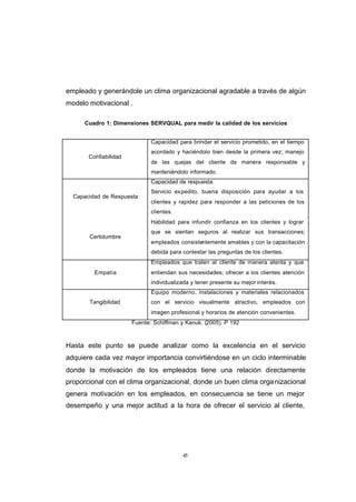 CONTENIDO



            empleado y generándole un clima organizacional agradable a través de algún
            modelo motivacional .

                  Cuadro 1: Dimensiones SERVQUAL para medir la calidad de los servicios


                                          Capacidad para brindar el servicio prometido, en el tiempo
                                          acordado y haciéndolo bien desde la primera vez; manejo
                   Confiabilidad
                                          de las quejas del cliente de manera responsable y
                                          manteniéndolo informado.
                                          Capacidad de respuesta.
                                          Servicio expedito, buena disposición para ayudar a los
              Capacidad de Respuesta
                                          clientes y rapidez para responder a las peticiones de los
                                          clientes.
                                          Habilidad para infundir confianza en los clientes y lograr
                                          que se sientan seguros al realizar sus transacciones;
                   Certidumbre
                                          empleados consistentemente amables y con la capacitación
                                          debida para contestar las preguntas de los clientes.
                                          Empleados que traten al cliente de manera atenta y que
                     Empatía              entiendan sus necesidades; ofrecer a los clientes atención
                                          individualizada y tener presente su mejor interés.
                                          Equipo moderno, instalaciones y materiales relacionados
                   Tangibilidad           con el servicio visualmente atractivo, empleados con
                                          imagen profesional y horarios de atención convenientes.
                                   Fuente: Schiffman y Kanuk. (2005). P 192



            Hasta este punto se puede analizar como la excelencia en el servicio
            adquiere cada vez mayor importancia convirtiéndose en un ciclo interminable
            donde la motivación de los empleados tiene una relación directamente
            proporcional con el clima organizacional, donde un buen clima orga nizacional
            genera motivación en los empleados, en consecuencia se tiene un mejor
            desempeño y una mejor actitud a la hora de ofrecer el servicio al cliente,




                                                      45
 