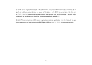 El 12,7% de los empleados de las E.S.P. de Manizales aseguran recibir más días de vacaciones de lo
CONTENIDO
            que la ley establece, presentándose en Aguas de Manizales y en la CHEC los porcentajes más altos con
            un 17,8% y 13,3% respectivamente de empleados que perciben este beneficio laboral y también están
            por encima del porcentaje para el total de todos los trabajadores de las E.S.P.

            En UNE Telecomunicaciones el 9% de sus empleados consideran que les dan más día s libres de los que
            están establecidos en la ley, seguido por EMAS y la CHEC con 12,2% y 13,3% correspondientemente




                                                                76
 