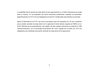 CONTENIDO
            La posibilidad real de ascenso de cargo dentro de las organizaciones es un factor motivacional que puede
            tener un impacto   en los empleados que tienen ambiciones profesionales, salariales y/o personales,
            específicamente en el 18,7 % de los trabajadores de las E.S.P. de Manizales este beneficio es percibido.


            Aguas de Manizales es la E.S.P. que tiene el porcentaje mayor de empleados (31,1%) que consideran
            que es posible ascender de cargo dentro de la organización donde laboran, seguida por EMAS con un
            20,4%. Mientras que el comportamiento más negativo de esta variable motivacional se presenta en UNE
            Telecomunicaciones con un porcentaje de percepción del 13,4%, seguido por la CHEC con 16,7% de
            trabajadores que manifiestan que podrían ascender de cargo dentro de la organización.




                                                               88
 