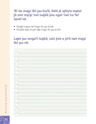 #Ei tìa majyi ikii jau kia#ä, iköö jä ajñia#a màta¢
jö mm mà#òi #neï isajöö jnia nga¢ #neï ira #le#
tàneî në.
•	 Ongä¢	irasa@	neî	majyi	ikii	jau	la	kië.
•	 Oratöö	ada	#aï	yie#	al&@	majyi	ikii	jau	la	kië.

‘<@ jnia sa@ jàu. Jau j™ kíé# Jé Jeu Jeï#

Laj&@ jau ianga#¢ isajöö, sa@@ jnia o jú#ö is&@ majyi
ikii jau në.

24

Chinanteco U M3 LA int.indd 24

02/07/12 12:22 p.m.

 