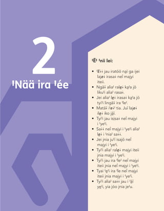 #Ë# #nii lei:

2

• #<@@ latä irasa@ kà#a jö liñî #ë# jö #nie majyi ite sitá.
• Ngä¢ alia# ral©@ kà#a jö liku#i alia# rasa@.
•	Chii	lakö#	jua#	irasa@	kà#a	jö	lingä¢	#ë#	#nië	aasa@.
•	#Ei	tìa.
• Tyí#i jau isìsa@ neî majyi ikii jau.
•	Sa@@	majyi	ikii	jau	alia#	l©@	i	#nia#	sa@@.	
#Ë# #nii lei:
• Jei jnia ju#ï isajö neî majyi ikii jau.
• Tyí#i alia# ral&@ majyi ite sitá jnia majyi ikii jau.
•	 #<@@	jau	iratöö	nàï	ga	ijei	
• Tyí#i jau ira #le# neî majyi ite sitá jnia neî majyi ikii jau.
laj&@
• Tyai #è#i ira #le neî majyi ite sitá jnia majyi ikii jau. irasa@ neî majyi
• Tyí#i alia# sa@@ jau í #ãï yè#i, yia jóo jnia je#u. iteii.
•	 Ngä¢	alia#	ral©@	kà#a	jö	
liku#i alia# rasa@.
•	 Jei	alia#	l©@	irasa@	kà#a	jö	
tyí#i lingä¢ ira #le#.
•	 Matä¢	i#&@#	tia.	Juï	laj&@	
il©@ iko jãï.
•	 Tyí#i	jau	isìsa@	neî	majyi	
i #ye#i.
•	 Sa@@	neî	majyi	i	#ye#i	alia#	
l©@ i #nia# sa@@.
•	 Jei	jnia	ju#ï	isajö	neî	
majyi i #ye#i.
•	 Tyí#i	alia#	ral©@	majyi	iteii	
jnia majyi i #ye#i.
•	 Tyí#i	jau	ira	#le#	neî	majyi	
iteii jnia neî majyi i #ye#i.
•	 Tyai	#è#i	ira	#le	neî	majyi	
iteii jnia majyi i #ye#i.
•	 Tyí#i	alia#	sa@@	jau	í	#ãï	
yè#i, yia jóo jnia je#u.

#Nää ira #ée

Jyimata¢ adõ

29

Chinanteco U M3 LA int.indd 29

02/07/12 12:22 p.m.

 