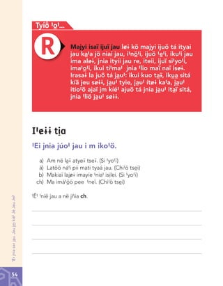 Tyíô #ò#...
Majyi isaï ijuï jau l&@ kö majyi ijuö tá ityai
jau kà#a jö niai jau, i#nõ#i, ijuö #è#i, iku#i jau
ima al&@, jnia ityii jau re, iteii, ijuï si#yo#i,
ima#ò#i, ikui ti#ma# jnia #lio maï naï is&@.
Irasa@ la juö tá jàu#: ikui kuo tà¢, ikùà sitá
kíä jeu s&@@, jàu# tyie, jàu# ít&@ ka#a, jàu#
itio#ö ajaï jm kíé# ajuö tá jnia jàu# itàï sitá,
jnia #liö jàu# s&@@.

I#&@@ tìa
#Ei jnia júo# jau i m iko#ö.

‘<@ jnia sa@ jàu. Jau j™ kíé# Jé Jeu Jeï#

	 a)		Am	në	là¢	atye¢	tse¢.	(Si	#yo#ï)
	 ä)		Latöö	ná#i	pii	mati	tyaá	jau.	(Chi#ö	tsèi)
	 b)		Makiaï	laj&@	imayíe	#nia#	isìlei.	(Si	#yo#ï)
	 ch)	 Ma	imá#õö	pee		#neï.	(Chi#ö	tsèi)
#Ë# #nië jau a në jñia ch.

54

Chinanteco U M3 LA int.indd 54

02/07/12 12:23 p.m.

 