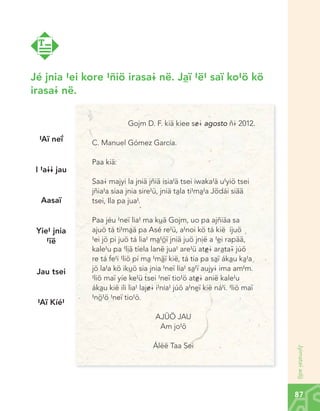 T

Jé jnia #ei kore #ñiö irasa@ në. Jàï #ë# saï ko#ö kö
irasa@ në.
Gojm	D.	F.	kiä	kiee	s&@	agosto ñ@ 2012.

#Aï neî
I #a@@ jau
Aasaï
Yie# jnia
#ïë
Jau tsei
#Aï Kíé#

C.	Manuel	Gómez	García.
Paa	kiä:
Saa@	majyi	la	jniä	jñiä	isia#ä	tsei	iwaka#ä	u#yiö	tsei	
jñia#a siaa jnia sire#ü, jniä tàla ti#mà#a Jödái siää
tsei, Ila pa jua#.
Paa	jéu	#neï	lia#	ma	kùä	Gojm,	uo	pa	ajñiäa	sa	
ajuö tá ti#màä pa Asé re#ü, a#noi kö tá kië íjuö
#ei jö pi juö tá lia# mà#õï jniä juö jnìë a #èi rapää,
kale#u pa #lìä tíela lanë jua# are#ü at©@ aràta¢ júö
re tá fe#i #liö pí mà #mãï kië, tá tia pa sàï ákàu kà#a
jö la#a kö ikùö sia jnia #neï lia# sà#ï aujy@ ima am#m.
#liö maï yíe ke#ü tsei #neï tio#ö at©@ anië kale#u
ákàu kië ili lia# laj&@ i#nia# júö a#nèï kië ná#i. #liö maï
#nõ#ö #neï tio#ö.
AJÜÖ	JAU
Am jo#ö
Jyimata¢ adõ

Álëë	Taa	Sei

87

Chinanteco U M3 LA int.indd 87

02/07/12 12:23 p.m.

 