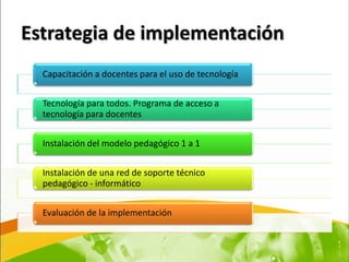Estrategia de implementación
  Capacitación a docentes para el uso de tecnología


  Tecnología para todos. Programa de acceso a
  tecnología para docentes


  Instalación del modelo pedagógico 1 a 1


  Instalación de una red de soporte técnico
  pedagógico - informático


  Evaluación de la implementación
 