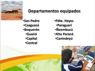 Departamentos equipados

•San Pedro    •Pdte. Hayes
•Caaguazú       •Paraguarí
•Boquerón      •Ñeembucú
  •Guairá     •Alto Paraná
  •Capital     •Canindeyú
  •Central
 