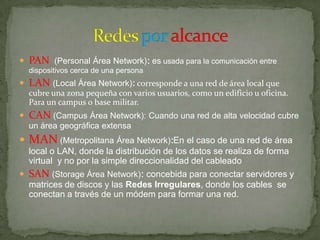  PAN (Personal Área Network): es usada para la comunicación entre
  dispositivos cerca de una persona
 LAN (Local Área Network): corresponde a una red de área local que
  cubre una zona pequeña con varios usuarios, como un edificio u oficina.
  Para un campus o base militar.
 CAN (Campus Área Network): Cuando una red de alta velocidad cubre
  un área geográfica extensa
 MAN (Metropolitana Área Network):En el caso de una red de área
  local o LAN, donde la distribución de los datos se realiza de forma
  virtual y no por la simple direccionalidad del cableado
 SAN (Storage Área Network): concebida para conectar servidores y
  matrices de discos y las Redes Irregulares, donde los cables se
  conectan a través de un módem para formar una red.
 