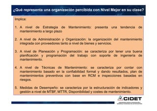 ¿Qué representa una organización percibida con Nivel Mejor en su clase?
Implica:
1. A nivel de Estrategia de Mantenimiento: presenta una tendencia de
mantenimiento a largo plazo
2. A nivel de Administración y Organización: la organización del mantenimiento
integrada con proveedores tanto a nivel de bienes y servicios.
3. A nivel de Planeación y Programación: se caracteriza por tener una buena
planificación y programación del trabajo con soporte de ingeniería de
mantenimiento.
4. A nivel de Técnicas de Mantenimiento: se caracteriza por contar con
mantenimiento basado en la confiabilidad formal y dando resultados, plan de
mantenimientos preventivos con base en RCM e inspecciones basadas en
riesgos.
5. Medidas de Desempeño: se caracteriza por la estructuración de indicadores y
gestión a nivel de MTBF, MTTR, Disponibilidad y costes de mantenimiento.
 