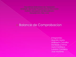    Balance de Comprobacion


                     Integrantes:
                     Arandia Maria
                     Anllybeth Ceballos
                     Daneysis Chirinos
                     Aura Contreras
                     Luisana Contreras
                     Jose Martinez
 