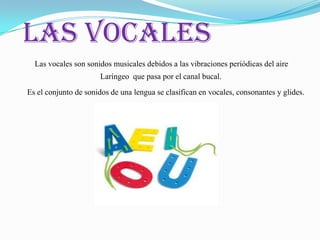 Las vocalesEs el conjunto de sonidos de una lengua se clasifican en vocales, consonantes y glides.Las vocales son sonidos musicales debidos a las vibraciones periódicas del aire Laríngeo  que pasa por el canal bucal.