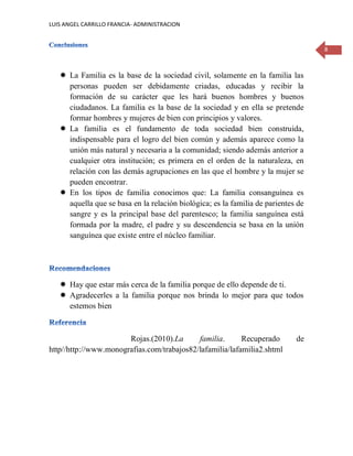 LUIS ANGEL CARRILLO FRANCIA- ADMINISTRACION
8
 La Familia es la base de la sociedad civil, solamente en la familia las
personas pueden ser debidamente criadas, educadas y recibir la
formación de su carácter que les hará buenos hombres y buenos
ciudadanos. La familia es la base de la sociedad y en ella se pretende
formar hombres y mujeres de bien con principios y valores.
 La familia es el fundamento de toda sociedad bien construida,
indispensable para el logro del bien común y además aparece como la
unión más natural y necesaria a la comunidad; siendo además anterior a
cualquier otra institución; es primera en el orden de la naturaleza, en
relación con las demás agrupaciones en las que el hombre y la mujer se
pueden encontrar.
 En los tipos de familia conocimos que: La familia consanguínea es
aquella que se basa en la relación biológica; es la familia de parientes de
sangre y es la principal base del parentesco; la familia sanguínea está
formada por la madre, el padre y su descendencia se basa en la unión
sanguínea que existe entre el núcleo familiar.
 Hay que estar más cerca de la familia porque de ello depende de ti.
 Agradecerles a la familia porque nos brinda lo mejor para que todos
estemos bien
Rojas.(2010).La familia. Recuperado de
http//http://www.monografias.com/trabajos82/lafamilia/lafamilia2.shtml
 