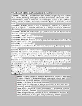 VITAMINAS Y OTROS ELEMENTOS EN LAS FRUTAS
Vitamina A. Axeroftol. Se encuentra en las frutas amarillas, oleaginosas y secas, así como
en los limones, naranjas y albaricoques. Favorece el crecimiento, fortalece los tejidos y
genera resistencia contra las infecciones, es necesaria para los ojos, la piel, fortifica el
cabello y previene resfriados e infecciones de la mucosa. Ayuda a un buen sueño y tensión
normal.
Vitamina B1 Tiamina. Previene la fatiga, es antineurítica e interviene en el crecimiento,
ayuda a la digestión. Se encuentra abundante en la naranja. Estimula las secreciones
glandulares.
Vitamina B2 Riboflavina. Da brillo a los ojos y un buen color a la piel. Se encuentra en
almendras, avellanas y nueces.
Vitamina B4 Adenina. Favorece el crecimiento
Vitamina B5 Es factor antiparalítico
Vitamina B6 Piridoxina. Posee una acción reguladora del metabolismo de los tejidos del
hígado, sistema nervioso y piel.
Vitamina B7. Es un factor entérico.
Vitamina B12. Cianocobalamina. Es antianémico, favorece los glóbulos rojos y núcleos
celulares.
Vitamina P. Vitamina de permeabilidad capilar
Vitamina PP. Niacina o ácido nicotínico. Favorece la salud de los nervios y la buena
digestión, es necesaria para conservar la piel sana. Ayuda en las hemorragias y otros
problemas sanguíneos. Se encuentra en el limón, ayuda al crecimiento y al mantenimiento
del metabolismo.
Vitamina C. Favorece el sistema inmunológico, el desarrollo de los huesos y dientes,
estimula el crecimiento, baja la atención arterial, disminuye la glicemia. Necesaria para la
absorción del hierro, ayuda a prevenir las encías que sangran, es desinfectante.
Vitamina D. Favorece el crecimiento
Vitamina E. Importante en la reproducción y en las funciones nerviosas y musculares,
protege las células, es antioxidante y conserva los tejidos.
Vitamina K. Es antihemorrágica, se encuentra en la naranja.
Los Minerales.
        Azufre. Ayuda a la combustión del azúcar, forma huesos, desintoxica, hace crecer
        el cabello y tonifica. Se encuentra en cerezas, albaricoques, naranjas, peras,
        melocotones, avellanas y almendras.
        Bromo. Se encuentra en la manzana, uva e higos.
        Calcio. Ayuda a la coagulación de la sangre, se encuentra en la uva, fresa, nuez,
        avellanas y almendra.
        Cloro. Ayuda a la digestión, favorece el crecimiento. Se encuentra en los dátiles,
        nueces, avellanas y almendras.
        Cobre. Indispensable en la formación de huesos, antinflamatorio, útil contra la
        artritis. Se encuentra en la uva, pera, naranja, almendras y avellanas.
 