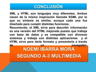 CONCLUSIÓN
XML y HTML son lenguajes muy diferentes. Ambos
nacen de la misma inspiración llamada SGML por lo
que su sintaxis es similar, aunque cada uno fue
diseñado para cumplir distintas funciones.
Resumiendo, el XML sirve para describir información
es una versión del HTML mejorada puesto que trabaja
con base de datos y es compatible con diversos
sistemas y trabaja con distintas aplicaciones y el
HTML sirve para darle formato y presentarla a través
de                   un                    navegador.
      NOEMI IBARRA MORA
    SEGUNDO A-3 MULTIMEDIA
 