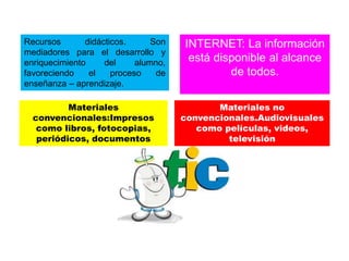 Recursos didácticos. Son
mediadores para el desarrollo y
enriquecimiento del alumno,
favoreciendo el proceso de
enseñanza – aprendizaje.
INTERNET: La información
está disponible al alcance
de todos.
Materiales
convencionales:Impresos
como libros, fotocopias,
periódicos, documentos
Materiales no
convencionales.Audiovisuales
como películas, videos,
televisión
 