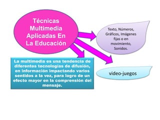 Técnicas
Multimedia
Aplicadas En
La Educación
La multimedia es una tendencia de
diferentes tecnologías de difusión,
en información impactando varios
sentidos a la vez, para logro de un
efecto mayor en la comprensión del
mensaje.
Texto, Números,
Gráficos, Imágenes
fijas o en
movimiento,
Sonidos.
video-juegos
 