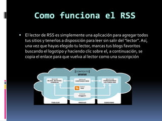  El lector de RSS es simplemente una aplicación para agregar todos
tus sitios y tenerlos a disposición para leer sin salir del “lector”.Así,
una vez que hayas elegido tu lector, marcas tus blogs favoritos
buscando el logotipo y haciendo clic sobre el, a continuación, se
copia el enlace para que vuelva al lector como una suscripción
 