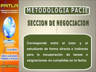 METODOLOGIA PACIE Corresponde entre el tutor y el estudiante de forma directa e indirecta para la recuperación de tareas o asignaciones no cumplidas en la fecha.  SECCION DE NEGOCIACION 