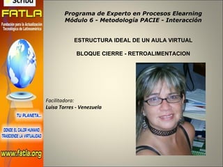 Programa de Experto en Procesos Elearning Módulo 6 - Metodología PACIE - Interacción ESTRUCTURA IDEAL DE UN AULA VIRTUAL BLOQUE CIERRE - RETROALIMENTACION Facilitadora:  Luisa Torres - Venezuela 