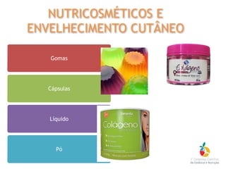 Gomas
Cápsulas
Líquido
Pó
NUTRICOSMÉTICOS E
ENVELHECIMENTO CUTÂNEO
 