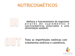 NUTRICOSMÉTICOS
Melhora o funcionamento do organismo
a t r a v é s d e s u p l e m e n t o s e
nutricosméticos associados a uma
alimentação saudável.
Trata as imperfeições estéticas com
tratamentos estéticos e cosméticos.
IN
OUT
 