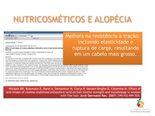 Wickett RR, Kossmann E, Barel A, Demeester N, Clarys P, Vanden Berghe D, Calomme M. Effect of
oral intake of choline-stabilized orthosilicic acid on hair tensile strength and morphology in women
with fine hair. Arch Dermatol Res. 2007; 299(10):499-505.
Melhora na resistência à tração,
incluindo elasticidade e
ruptura de carga, resultando
em um cabelo mais grosso.
NUTRICOSMÉTICOS E ALOPÉCIA
 