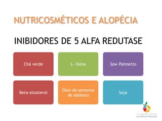 INIBIDORES DE 5 ALFA REDUTASE
Chá verde L- lisina Saw Palmetto
Soja
Óleo de semente
de abóbora
Beta-sitosterol
NUTRICOSMÉTICOS E ALOPÉCIA
 