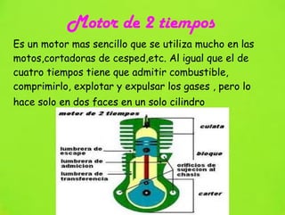 Motor de 2 tiempos  Es un motor mas sencillo que se utiliza mucho en las motos,cortadoras de cesped,etc. Al igual que el de cuatro tiempos tiene que admitir combustible, comprimirlo, explotar y expulsar los gases , pero lo hace solo en dos faces en un solo cilindro   